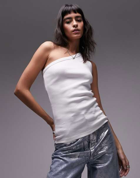 Topshop rib one shoulder singlet in white - view 1
