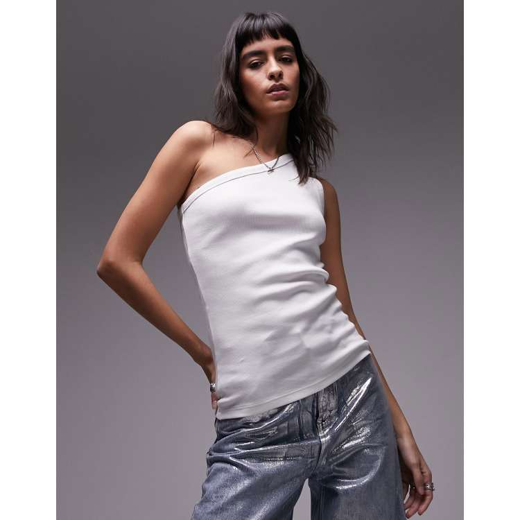 Topshop Rib One Shoulder Tank Top in White