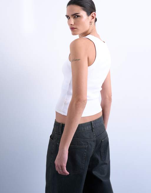 Topshop rib racer singlet in white, 4 of 4