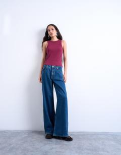 Model wearing Rib racer vest in burgundy