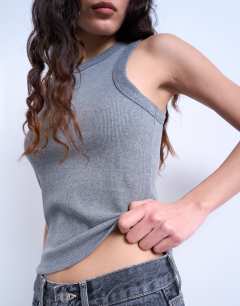Model wearing Rib racer vest in grey marl