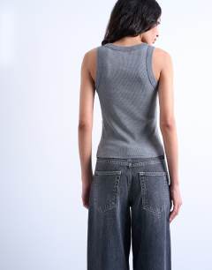 Model wearing Rib racer vest in grey marl
