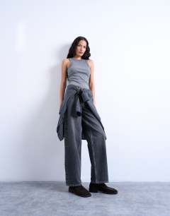 Model wearing Rib racer vest in grey marl