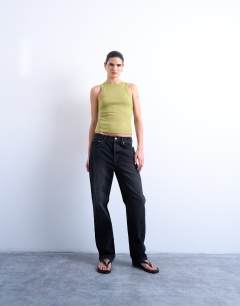 Model wearing Rib racer vest in olive green