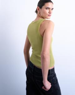 Model wearing Rib racer vest in olive green