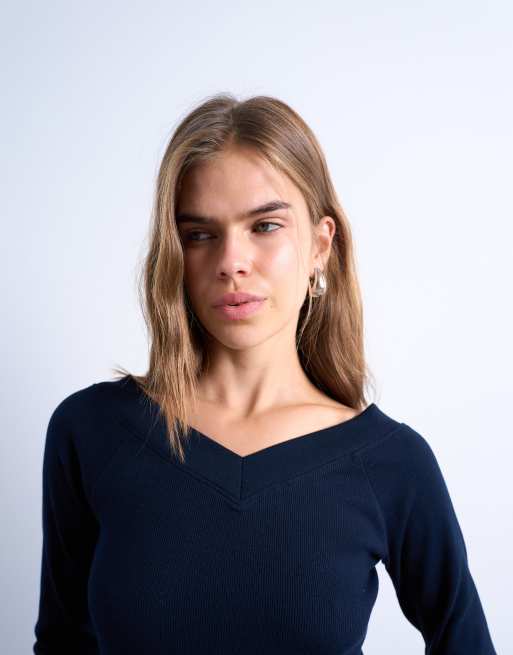 Topshop rib raglan v-neck long sleeve top in navy, 4 of 4