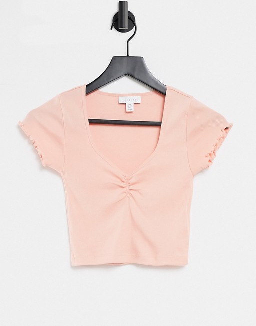 Topshop rib ruched crop top in apricot