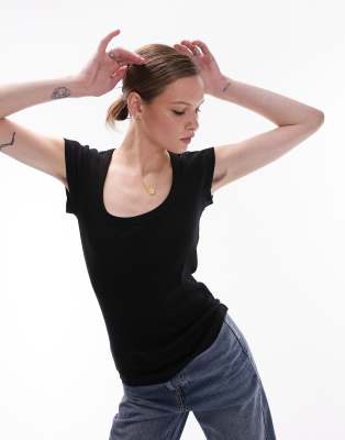 Topshop Rib Scoop Neck Cap Sleeve In Black In Black