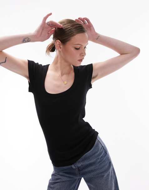 Topshop rib scoop neck cap sleeve tee in black - view 1