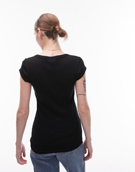 Topshop rib scoop neck cap sleeve tee in black, 4 of 4