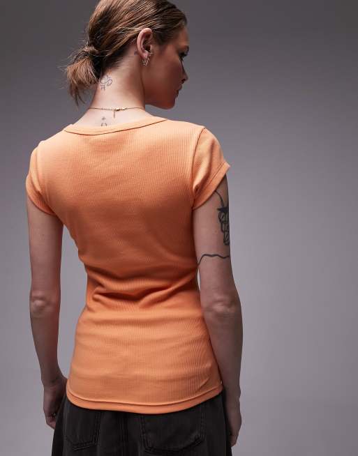 Topshop rib scoop neck cap sleeve tee in orange, 3 of 4