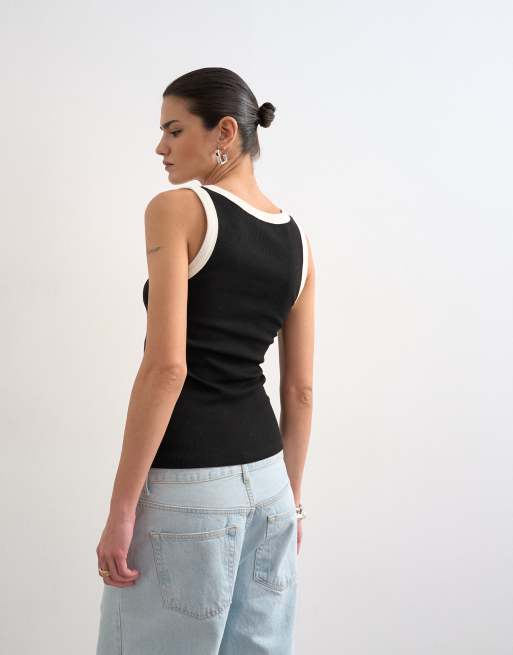 Topshop rib scoop neck vest in black and ecru, 4 of 4
