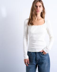 Rib scoop tie neck long sleeve top in ivory