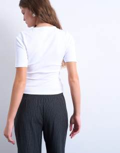 Model wearing Rib short sleeve button down top in white