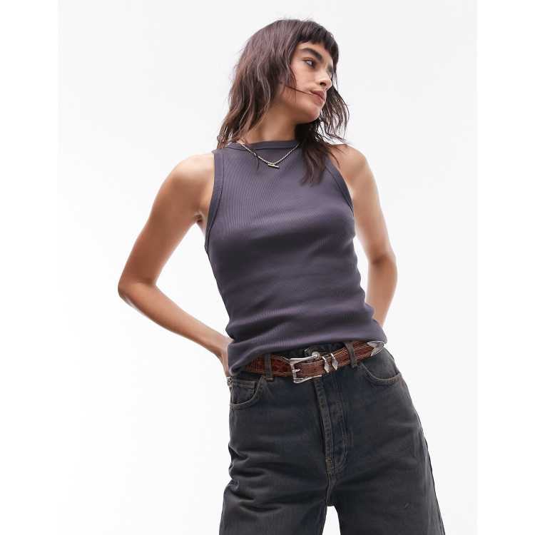 トップス 40/1 RIB BIG TANK TOP BLACK / SLATE GRAY Topshop rib ultimate longline tank top in slate | ASOS