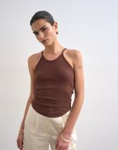 Topshop rib spaghetti strap curve hem vest in chocolate