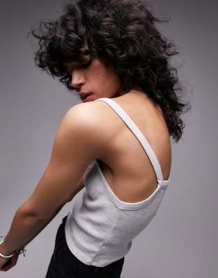 Topshop Basic Rib Square Tank Top In White In Gray