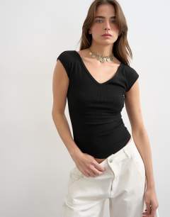 Model wearing Rib v-neck cap sleeve tank in black
