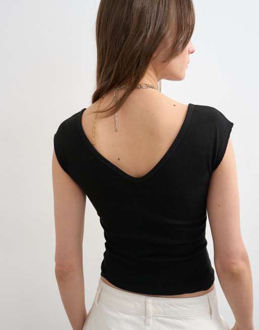 Topshop rib v-neck cap sleeve tank in black, 4 of 4