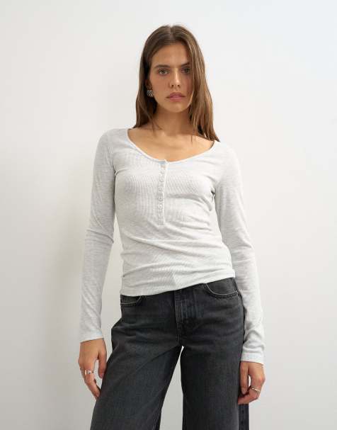 Topshop rib v-neck henley long sleeve top in light grey - view 1
