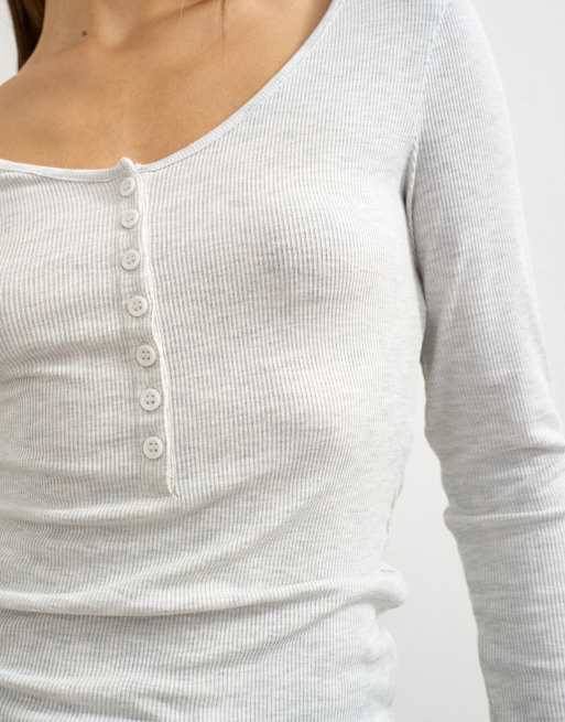 Topshop rib v-neck henley long sleeve top in light grey, 2 of 4