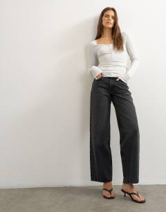 Model wearing Rib v-neck henley long sleeve top in light grey
