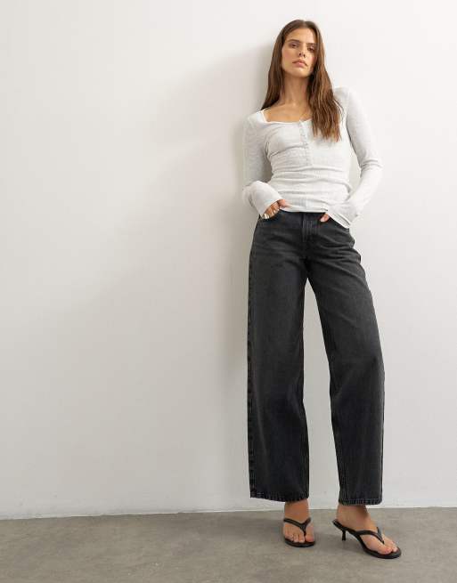 Topshop rib v-neck henley long sleeve top in light grey, 3 of 4