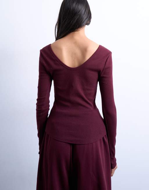 Topshop rib v-neck long sleeve curved hem top in burgundy, 4 of 4