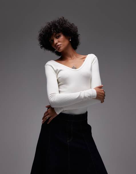 Topshop rib v-neck long sleeve curved hem top in ecru - view 1