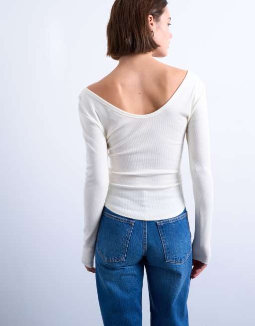 Topshop rib v-neck long sleeve curved hem top in ecru, 3 of 4
