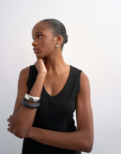 Topshop rib v-neck singlet in black - view 1