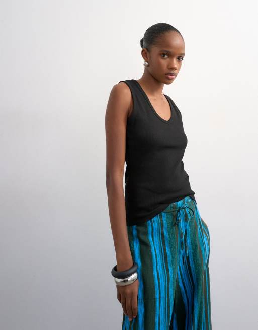 Topshop rib v-neck singlet in black, 3 of 4