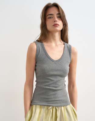 Topshop Women's Marl Rib V-Neck Vest In Grey