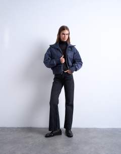 Model wearing Rib wide collar short bomber jacket in navy