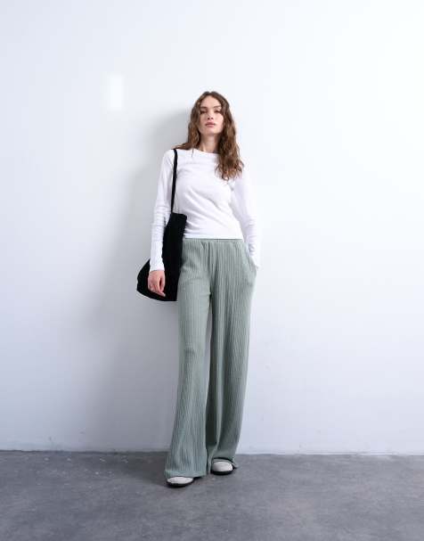 Topshop rib wide leg trousers in beige - view 1