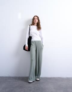 Rib wide leg trousers in sage green