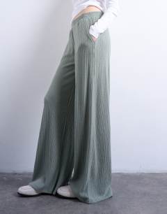 Model wearing Rib wide leg trousers in sage green