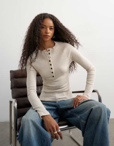 Topshop ribbad henleytröja med knappar i beige - view 1