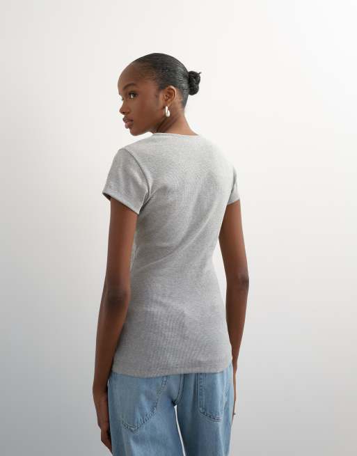 Topshop ribbad topp med dragkedja, v-ringning och korta ärmar i grått, 4 av 4