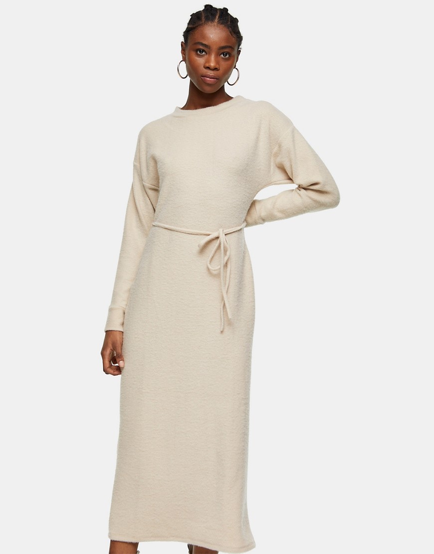 Topshop ribbed belted midi dress in camel-Yellow