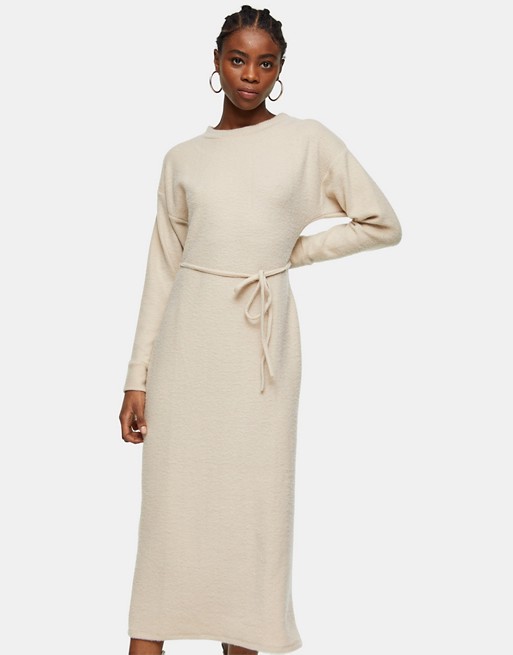 Topshop ribbed belted midi dress in camel