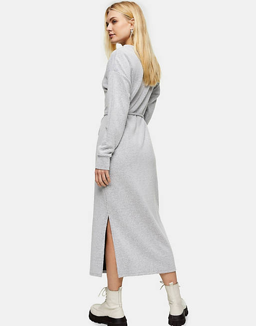 Topshop ribbed belted midi dress in grey