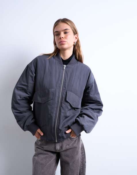 Topshop ribbed bomber jacket in slate - view 1
