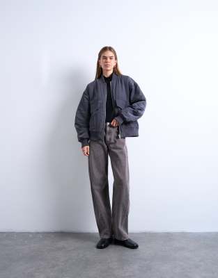 Topshop Ribbed Bomber Jacket In Gray