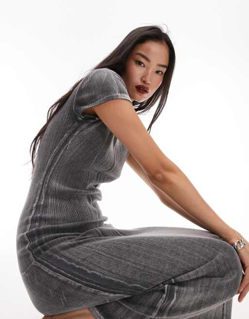 topshop grey ribbed dress Topshop knit high v-neck mini oversized dress in gray melange