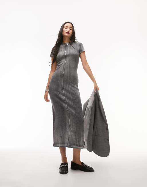 Topshop ribbed column jersey short sleeve midi dress in washed