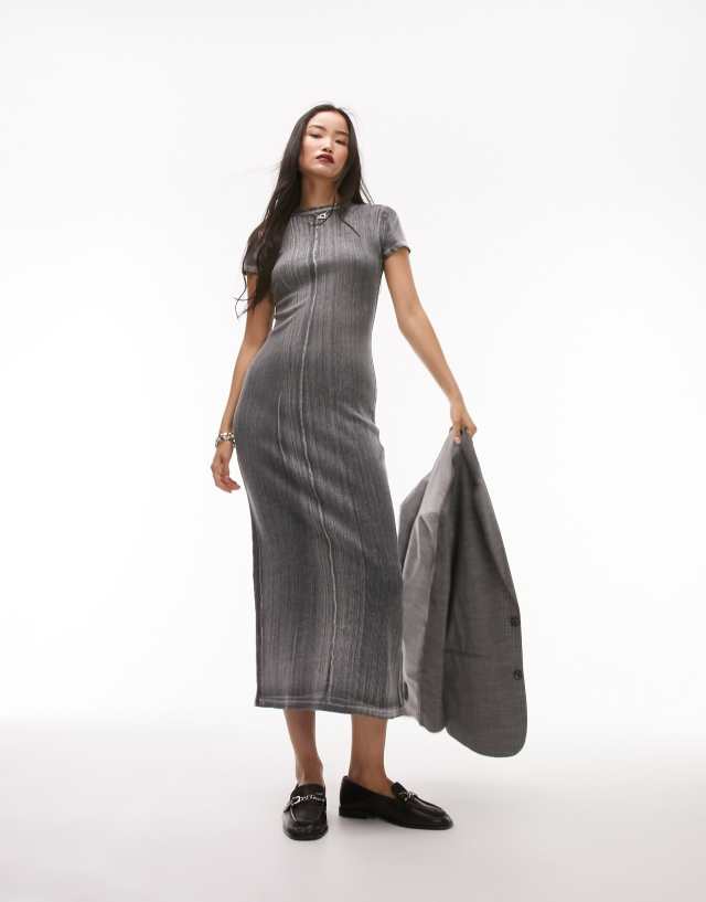 Topshop - ribbed column jersey short sleeve midi dress in washed grey