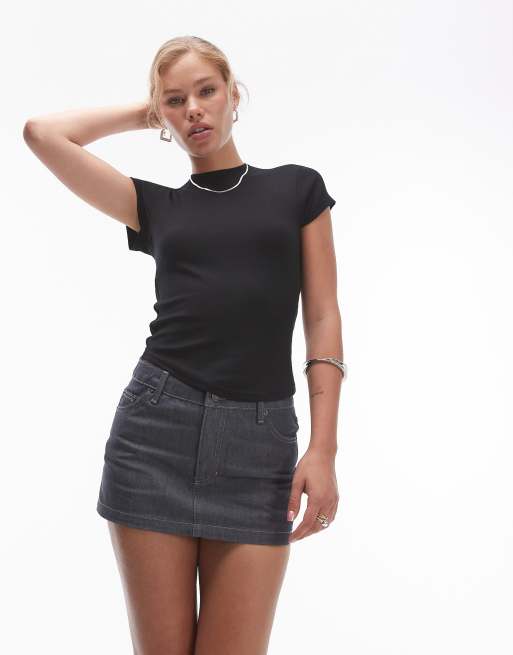 Topshop ribbed curve hem fitted tee in black