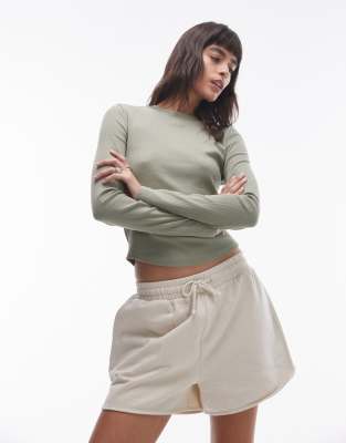 Topshop Ribbed Curved Hem Long Sleeve Everyday Tee In Soft Khaki-green