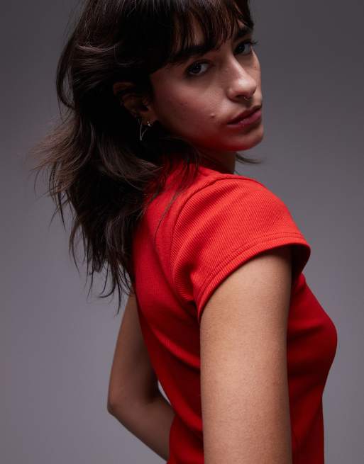 Topshop rib fitted curve hem tee in rust red